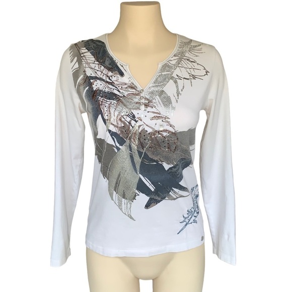 2/$10 MOVING SALE Y2K Olsen Europe Long Sleeve Top Feather Patterned Stitchwork - Picture 3 of 15